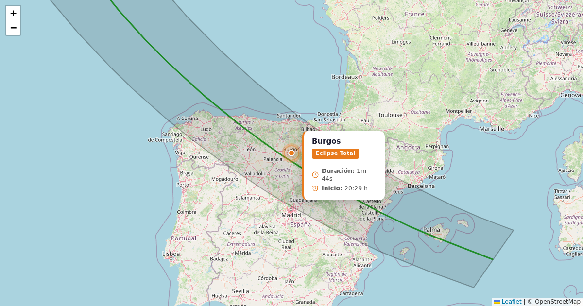 Mapa del eclipse solar 2026 - burgos