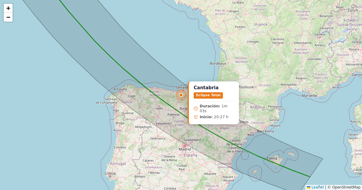 Mapa del eclipse solar 2026 - cantabria