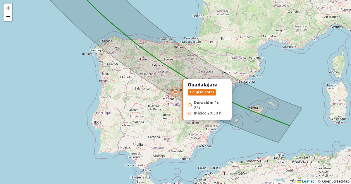 Mapa del eclipse solar 2026 - guadalajara