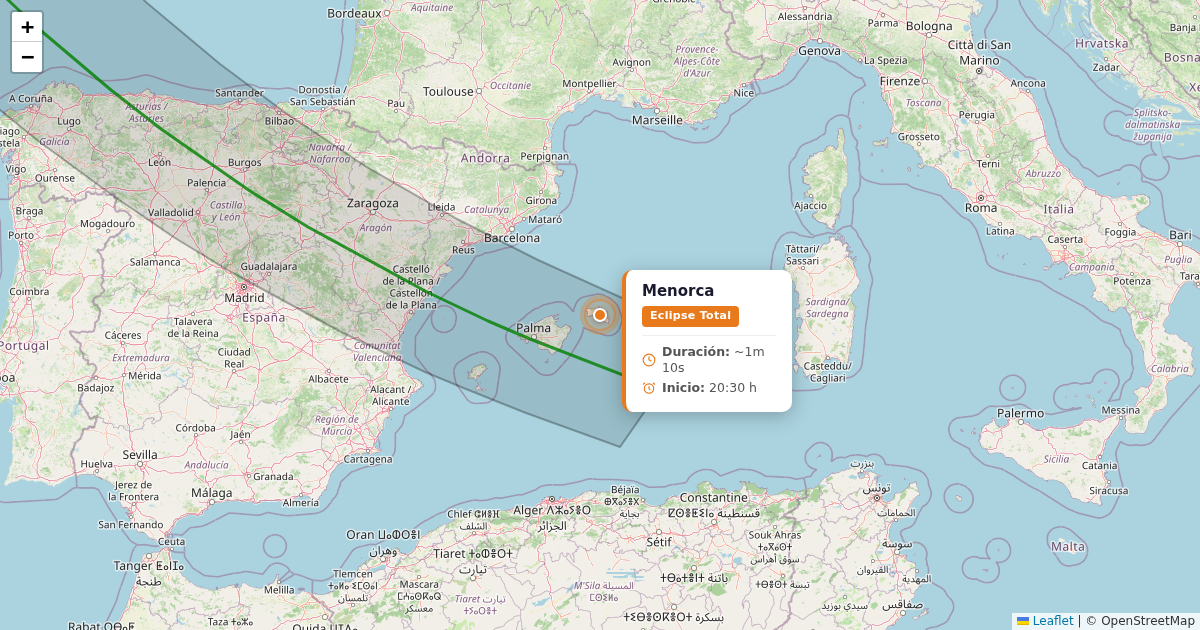 Mapa del eclipse solar 2026 - menorca