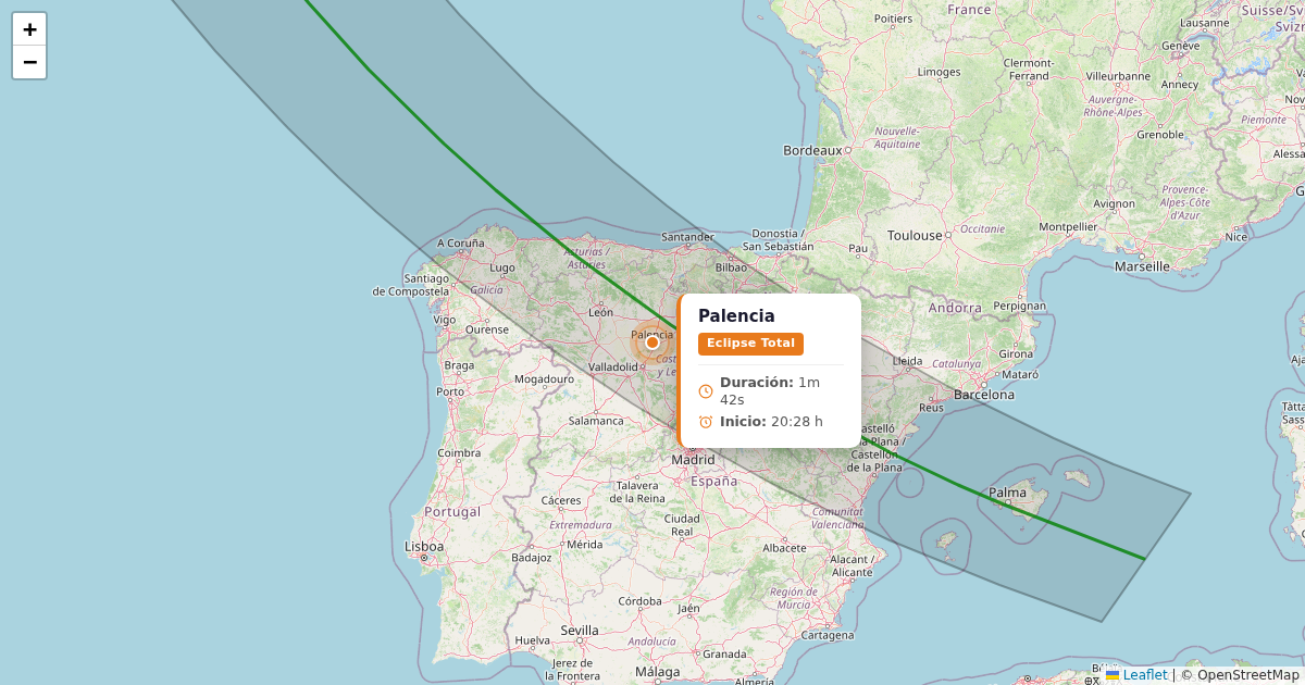 Mapa del eclipse solar 2026 - palencia