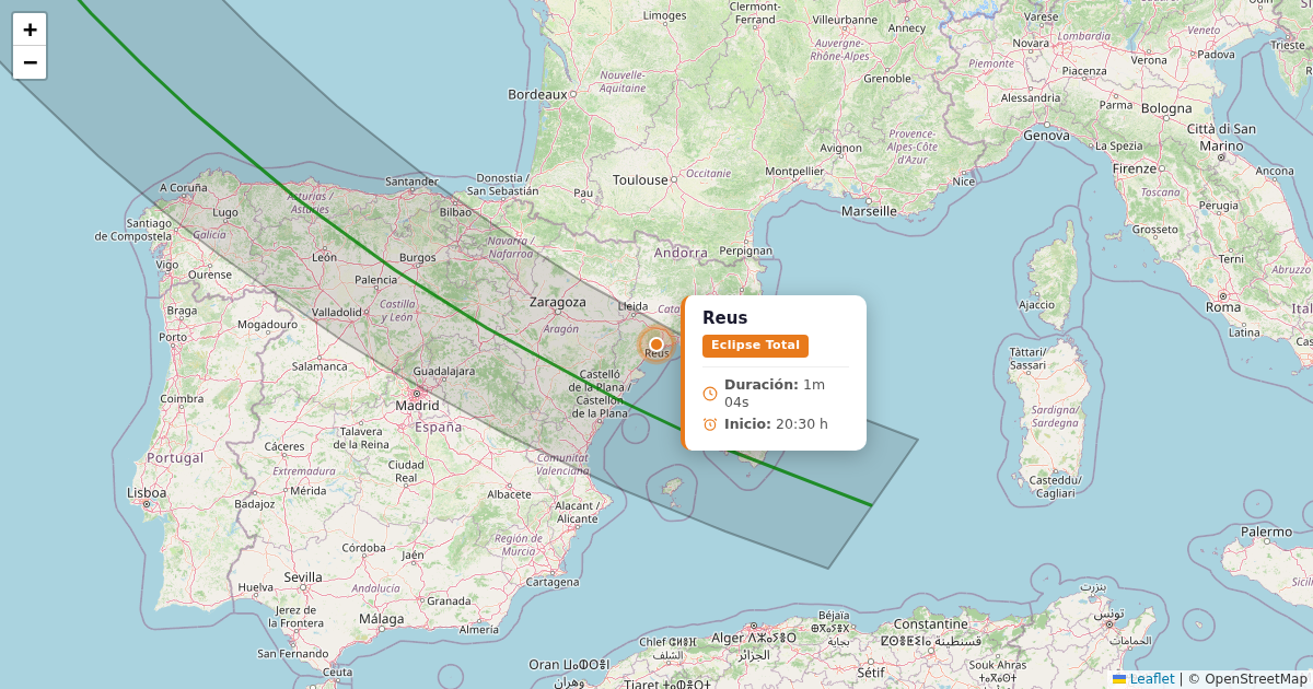 Mapa del eclipse solar 2026 - reus