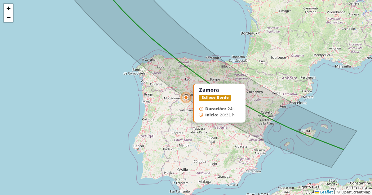 Mapa del eclipse solar 2026 - zamora