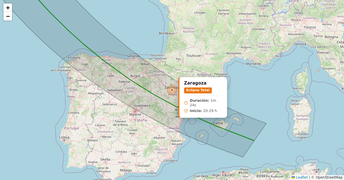 Mapa del eclipse solar 2026 - zaragoza